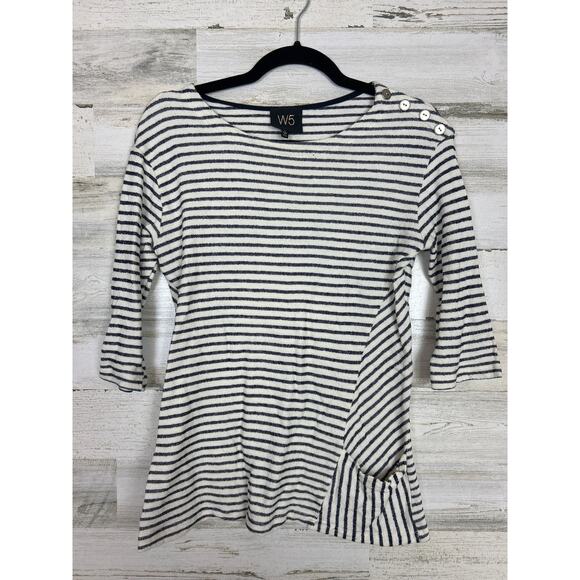 W5 Anthropologie Women’s S Blue Striped Boho 3/4 Sleeve Pocket Top Shirt - Picture 1 of 5